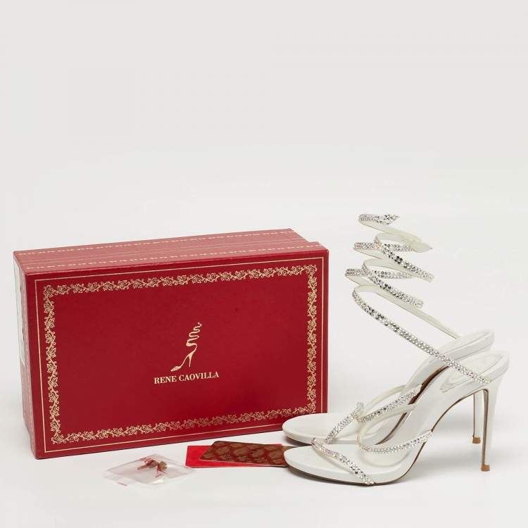 مملوكة مسبقًا René Caovilla Cleo Crystal Embellished Size 37 White Satin Ankle Strap Sandals