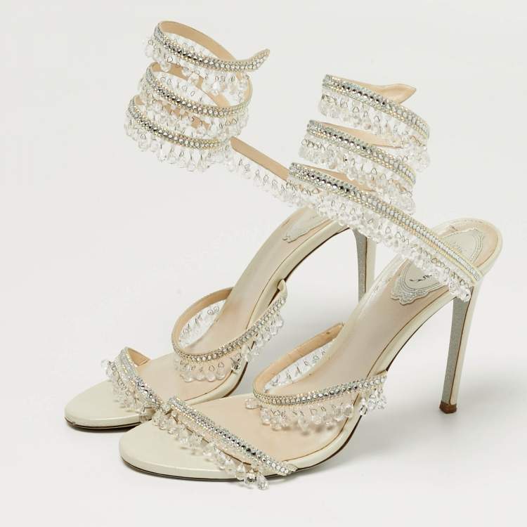 مملوكة مسبقًا René Caovilla Cleo Size 39 Cream Leather Crystal Embellished Ankle Strap Sandals