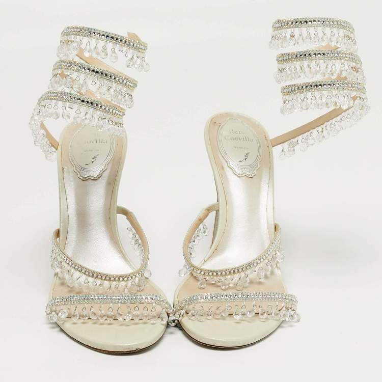 مملوكة مسبقًا René Caovilla Cleo Size 39 Cream Leather Crystal Embellished Ankle Strap Sandals
