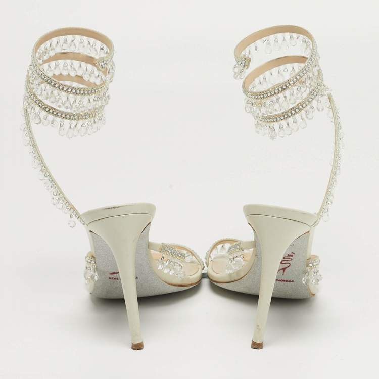 مملوكة مسبقًا René Caovilla Cleo Size 39 Cream Leather Crystal Embellished Ankle Strap Sandals