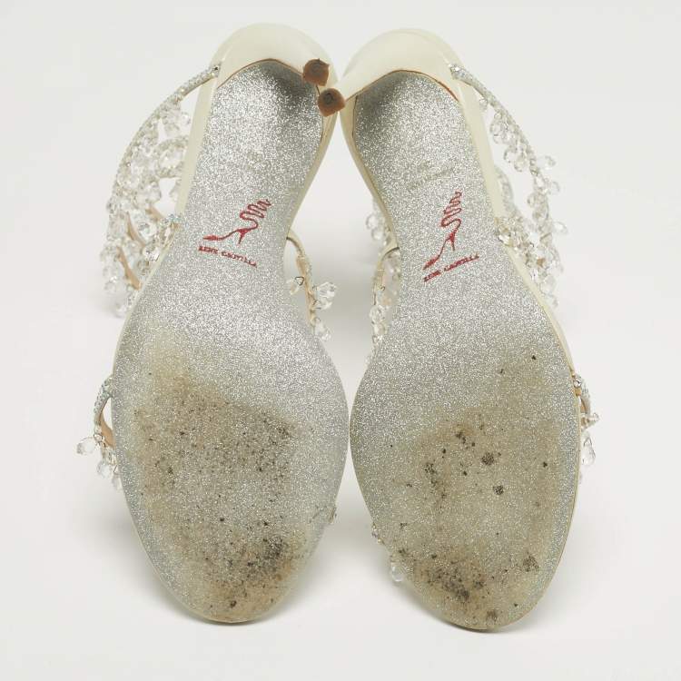 مملوكة مسبقًا René Caovilla Cleo Size 39 Cream Leather Crystal Embellished Ankle Strap Sandals
