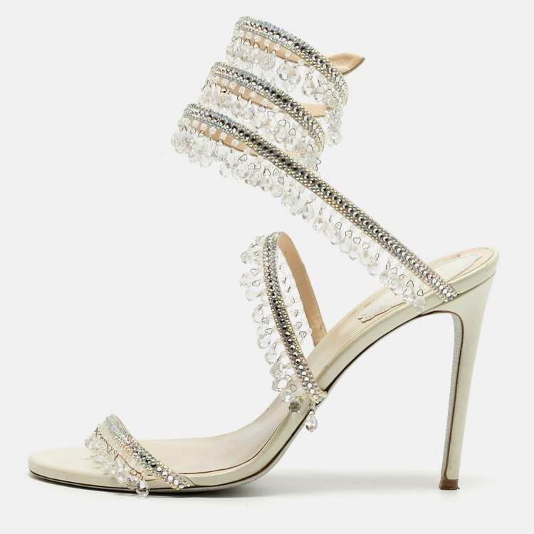 مملوكة مسبقًا René Caovilla Cleo Size 39 Cream Leather Crystal Embellished Ankle Strap Sandals