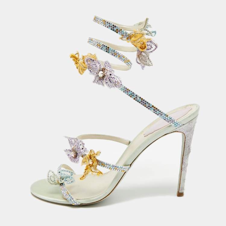 Pre Owned René Caovilla Cleo Size 39 Multicolor Leather and Satin Ankle Strap Sandals