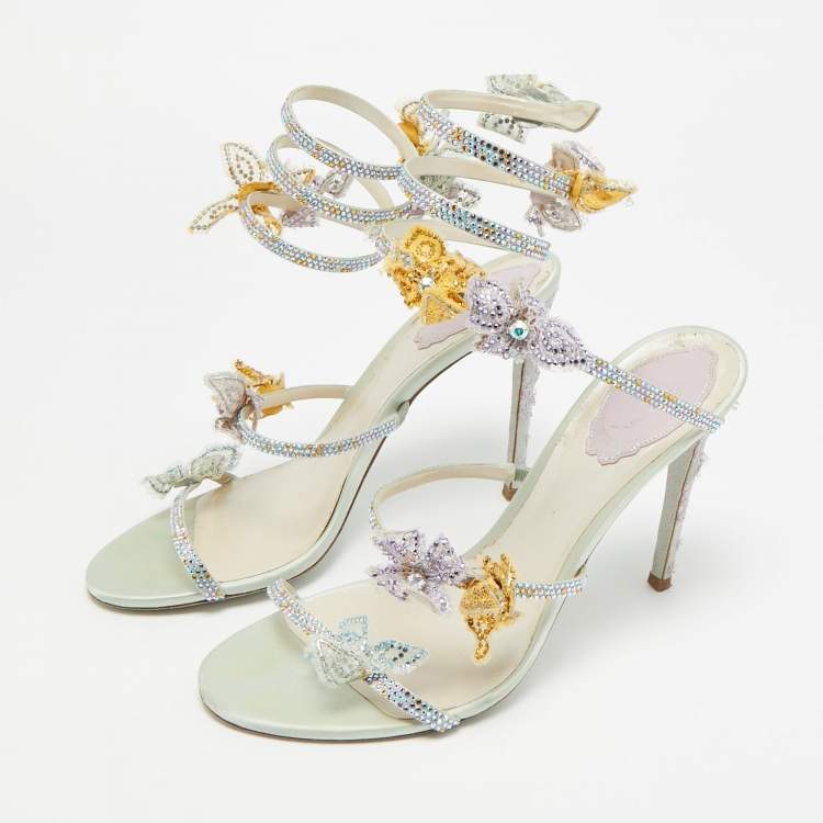 Pre Owned René Caovilla Cleo Size 39 Multicolor Leather and Satin Ankle Strap Sandals