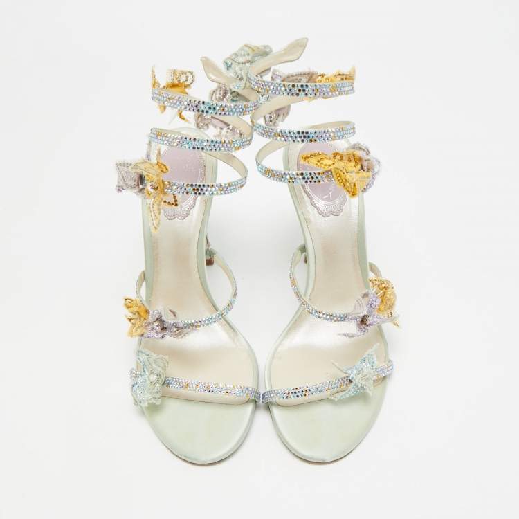 Pre Owned René Caovilla Cleo Size 39 Multicolor Leather and Satin Ankle Strap Sandals