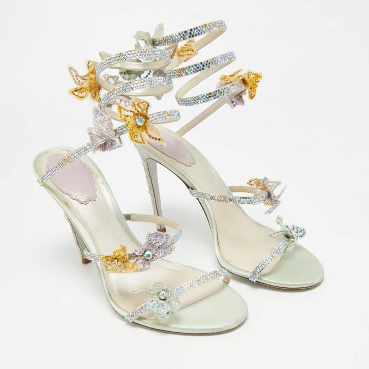 Pre Owned René Caovilla Cleo Size 39 Multicolor Leather and Satin Ankle Strap Sandals