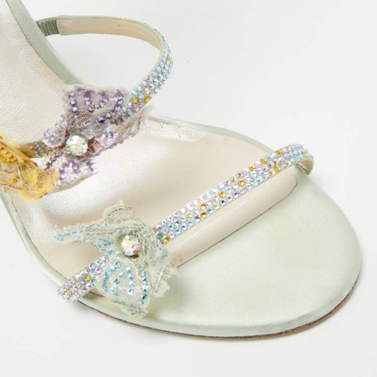 Pre Owned René Caovilla Cleo Size 39 Multicolor Leather and Satin Ankle Strap Sandals