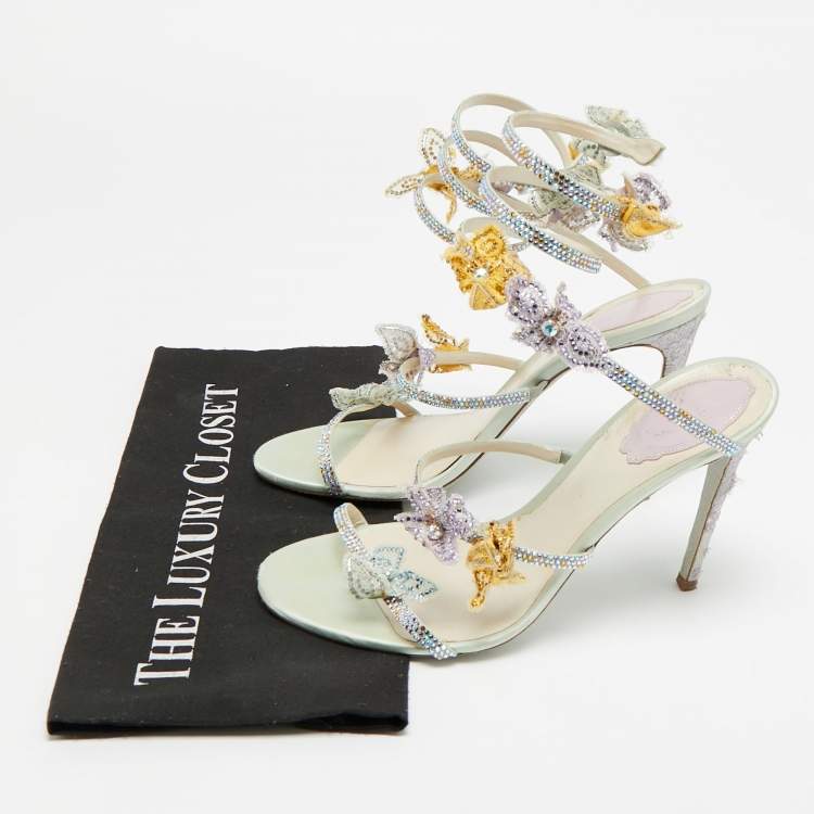 Pre Owned René Caovilla Cleo Size 39 Multicolor Leather and Satin Ankle Strap Sandals