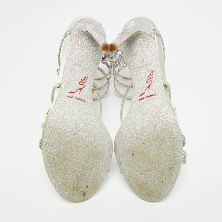 Pre Owned René Caovilla Cleo Size 39 Multicolor Leather and Satin Ankle Strap Sandals