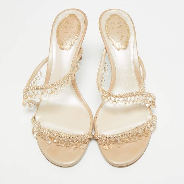 Pre Owned René Caovilla Chandelier Size 39 Beige Satin Slide Sandals