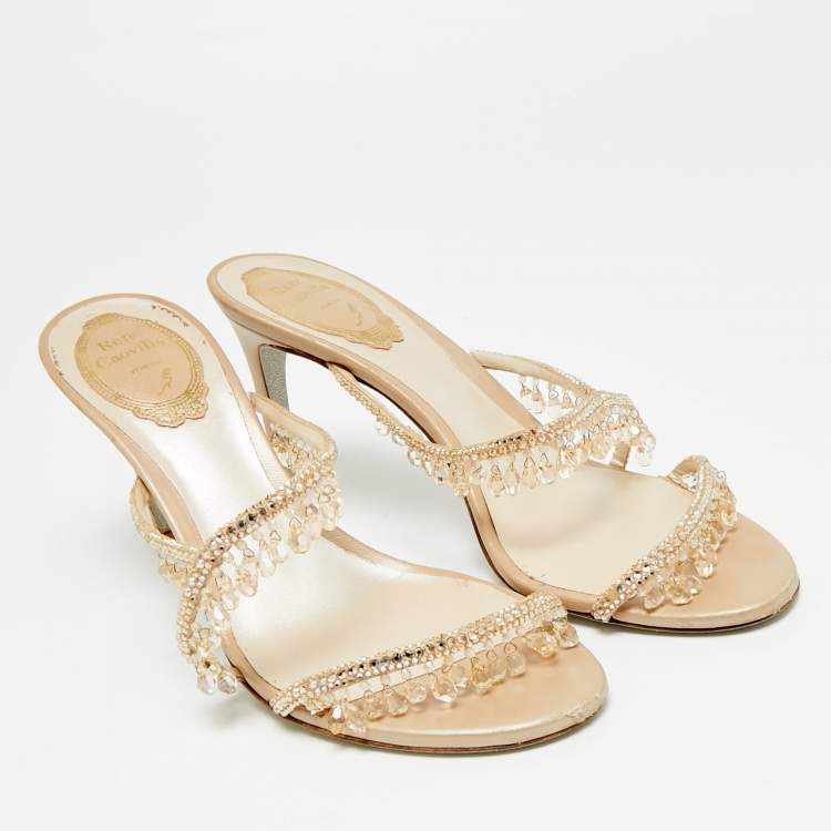 Pre Owned René Caovilla Chandelier Size 39 Beige Satin Slide Sandals