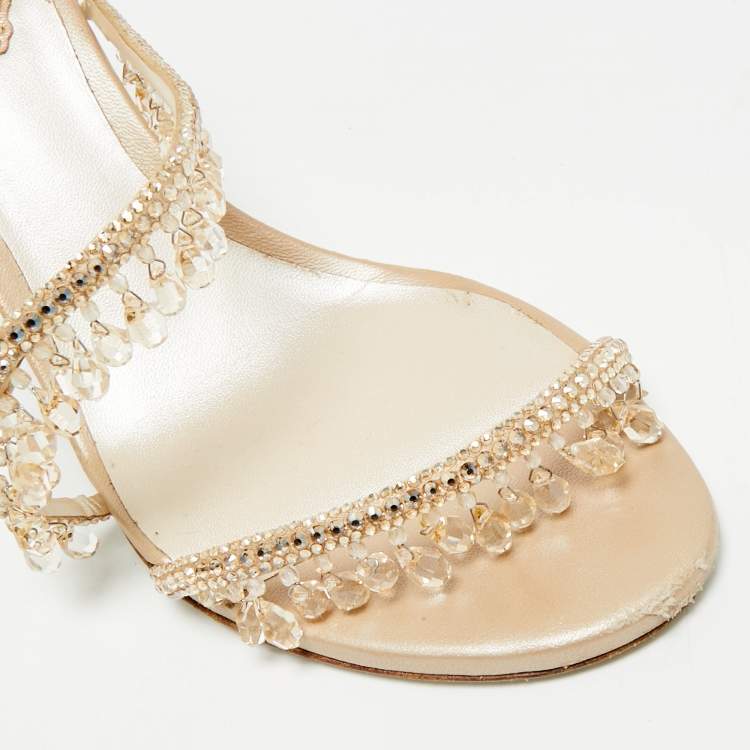 Pre Owned René Caovilla Chandelier Size 39 Beige Satin Slide Sandals