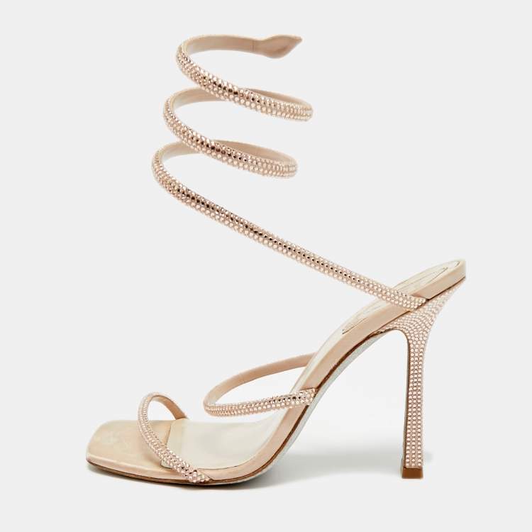 Pre Owned René Caovilla Cleo Size 38 Beige Leather and Satin Crystal Embellished Ankle Strap Sandals