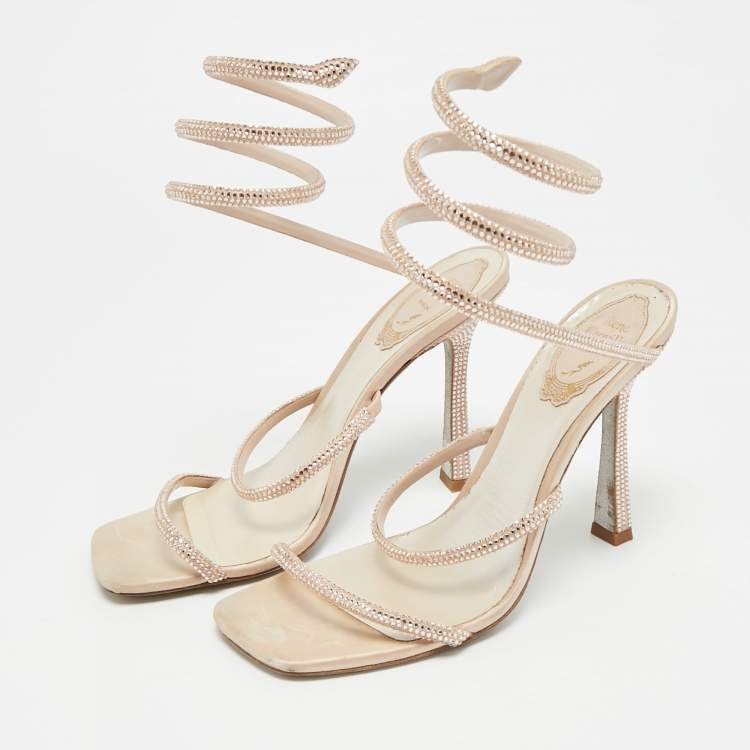 Pre Owned René Caovilla Cleo Size 38 Beige Leather and Satin Crystal Embellished Ankle Strap Sandals
