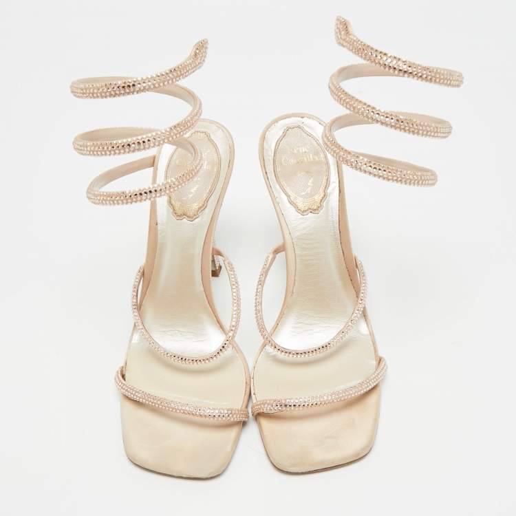 Pre Owned René Caovilla Cleo Size 38 Beige Leather and Satin Crystal Embellished Ankle Strap Sandals