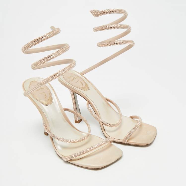 Pre Owned René Caovilla Cleo Size 38 Beige Leather and Satin Crystal Embellished Ankle Strap Sandals