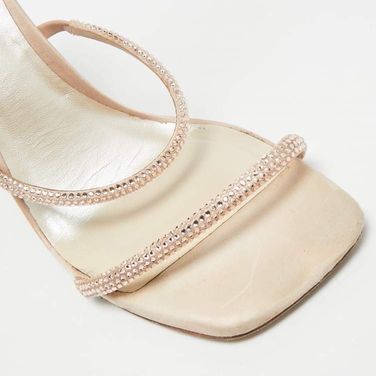 Pre Owned René Caovilla Cleo Size 38 Beige Leather and Satin Crystal Embellished Ankle Strap Sandals