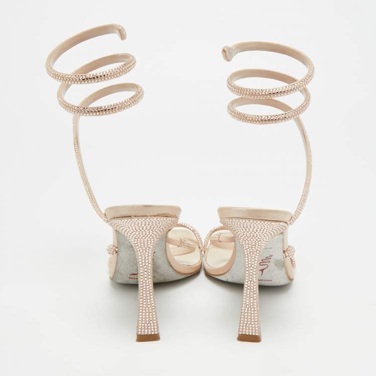 Pre Owned René Caovilla Cleo Size 38 Beige Leather and Satin Crystal Embellished Ankle Strap Sandals
