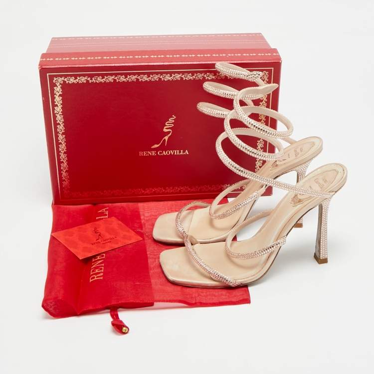Pre Owned René Caovilla Cleo Size 38 Beige Leather and Satin Crystal Embellished Ankle Strap Sandals