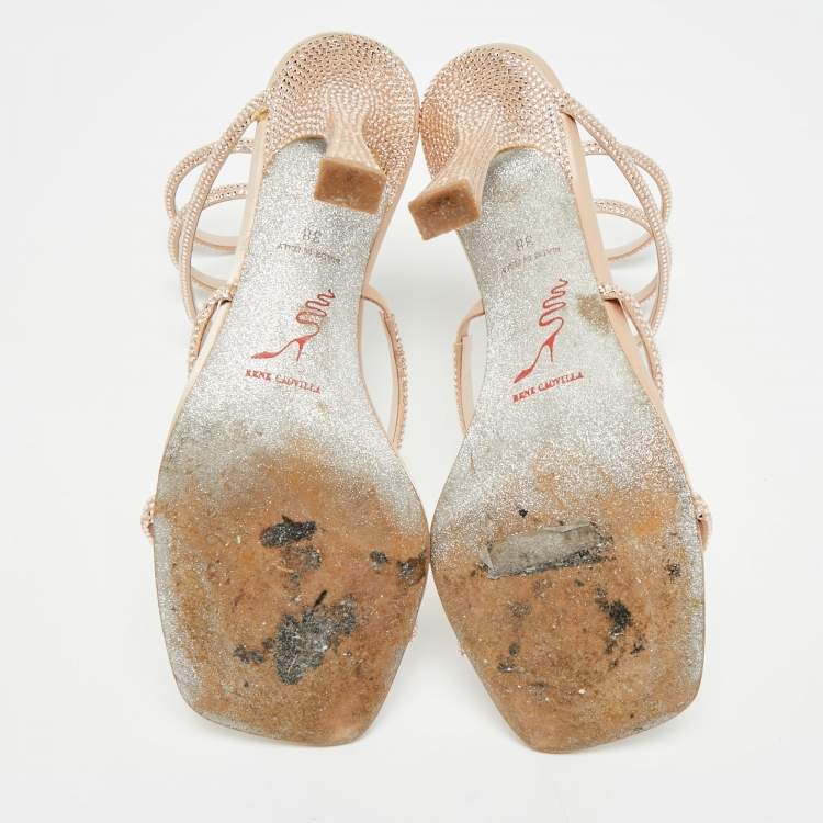 Pre Owned René Caovilla Cleo Size 38 Beige Leather and Satin Crystal Embellished Ankle Strap Sandals