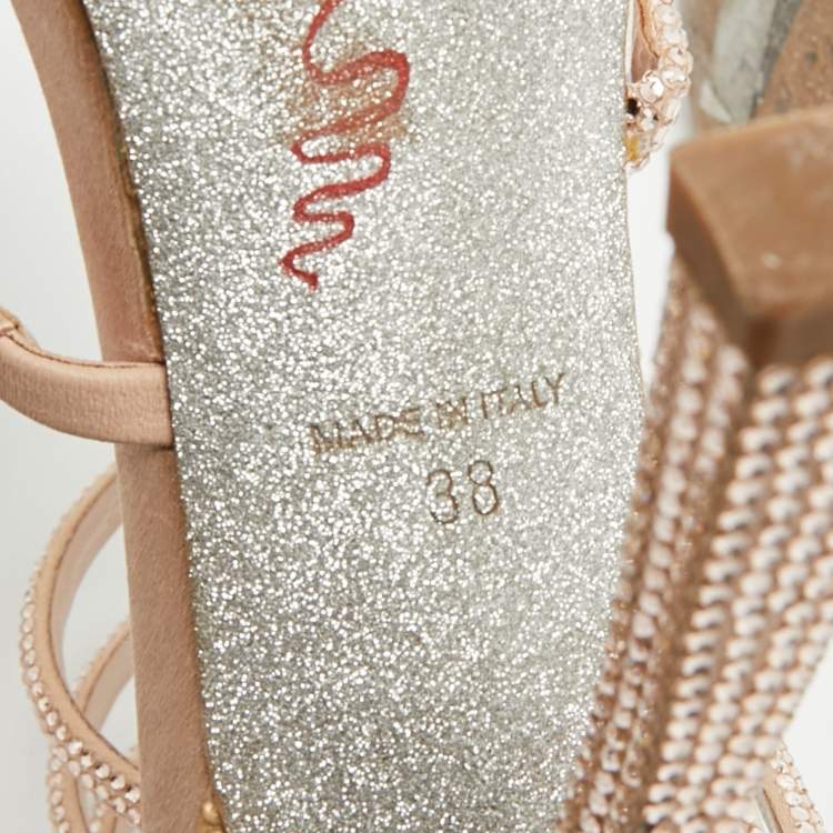Pre Owned René Caovilla Cleo Size 38 Beige Leather and Satin Crystal Embellished Ankle Strap Sandals
