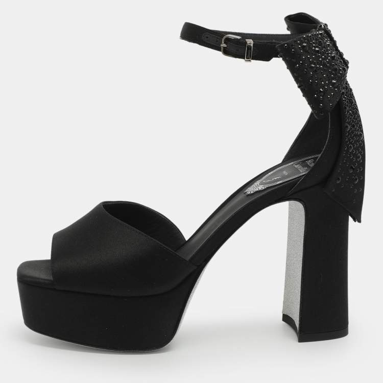 Pre Owned René Caovilla Size 37 Black Satin Ankle Strap Platform Sandals