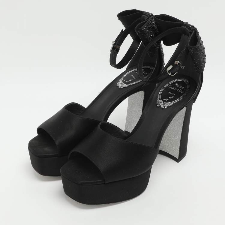Pre Owned René Caovilla Size 37 Black Satin Ankle Strap Platform Sandals