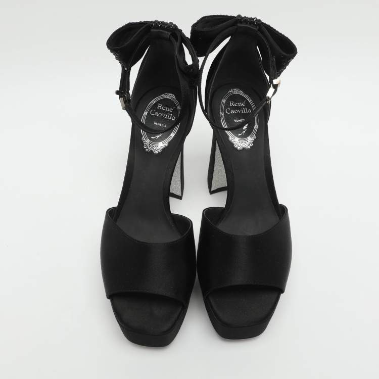 Pre Owned René Caovilla Size 37 Black Satin Ankle Strap Platform Sandals