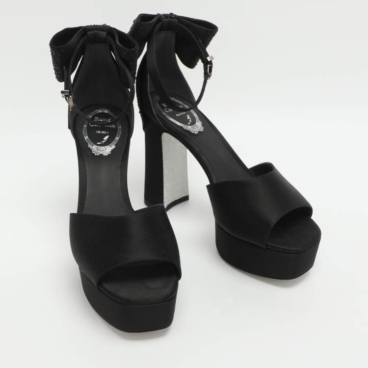 Pre Owned René Caovilla Size 37 Black Satin Ankle Strap Platform Sandals
