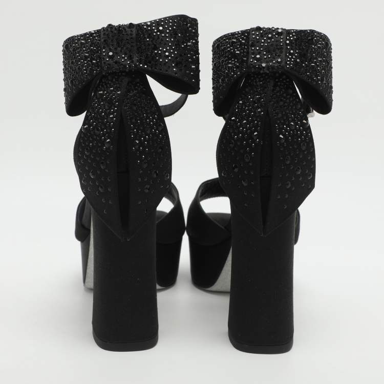 Pre Owned René Caovilla Size 37 Black Satin Ankle Strap Platform Sandals