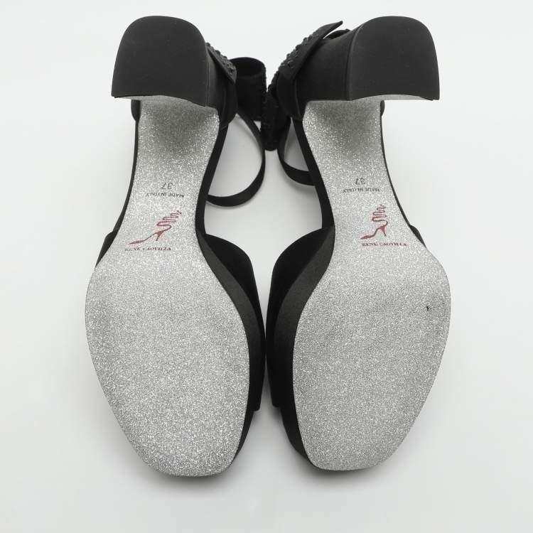 Pre Owned René Caovilla Size 37 Black Satin Ankle Strap Platform Sandals