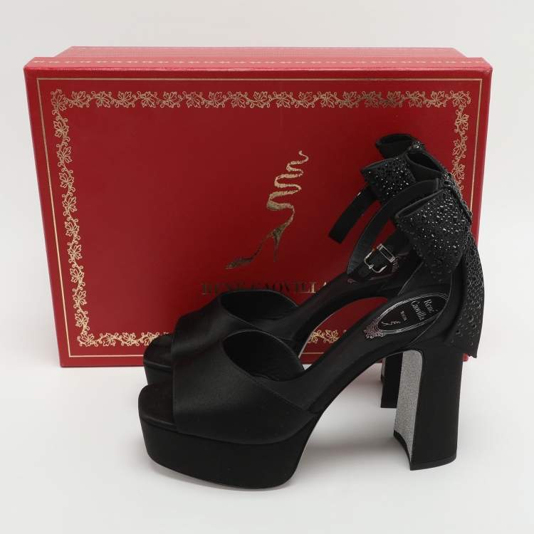 Pre Owned René Caovilla Size 37 Black Satin Ankle Strap Platform Sandals