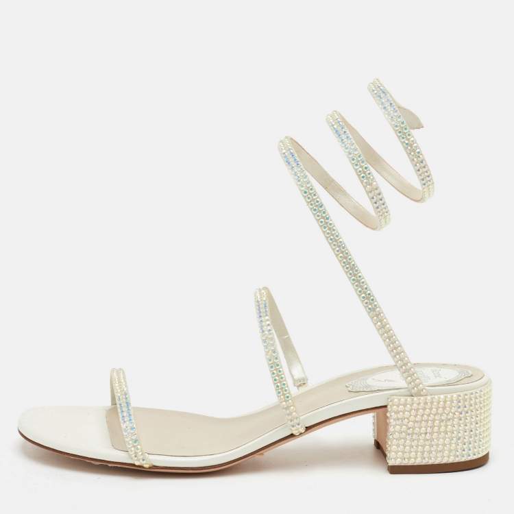 Pre Owned René Caovilla Cleo Size 37 Cream Crystal Embellished Leather Sandals