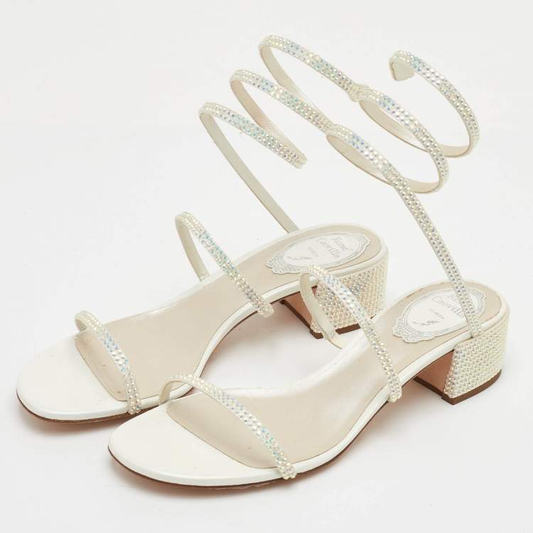 Pre Owned René Caovilla Cleo Size 37 Cream Crystal Embellished Leather Sandals