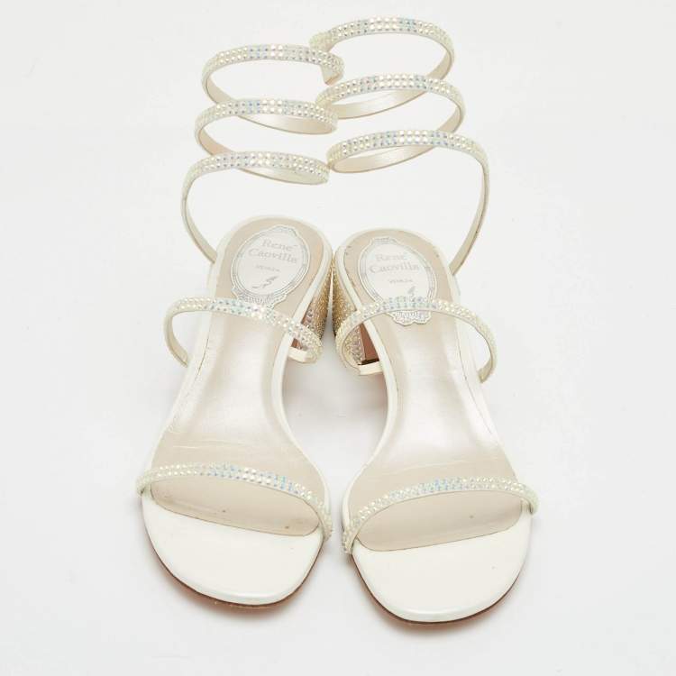 Pre Owned René Caovilla Cleo Size 37 Cream Crystal Embellished Leather Sandals