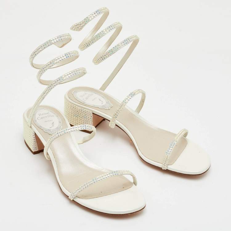 Pre Owned René Caovilla Cleo Size 37 Cream Crystal Embellished Leather Sandals
