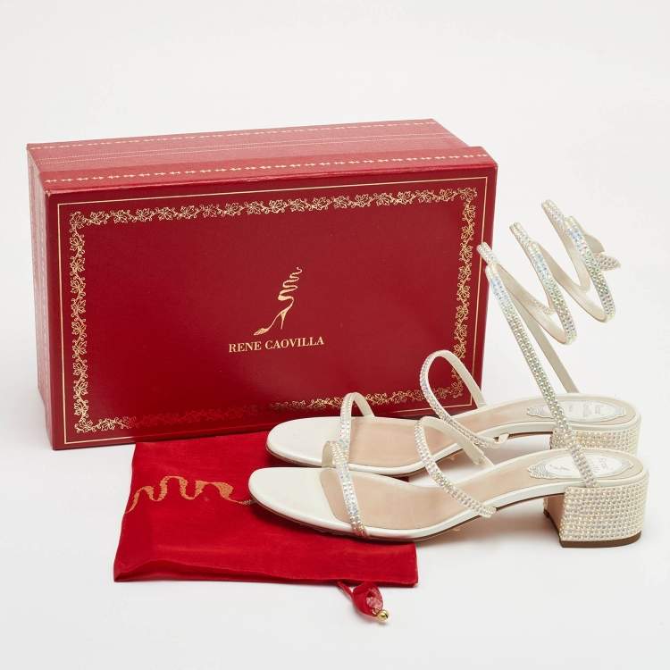 Pre Owned René Caovilla Cleo Size 37 Cream Crystal Embellished Leather Sandals