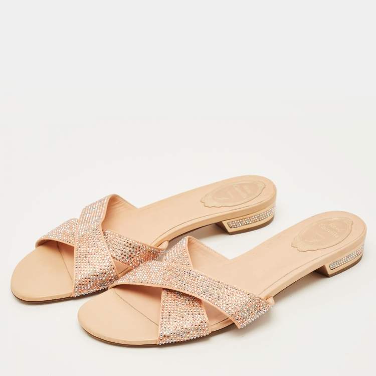 Pre Owned René Caovilla Size 41 Beige Satin Crystal Embellished Flat Sandals