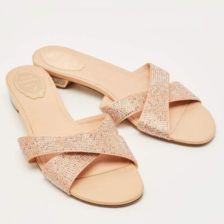 Pre Owned René Caovilla Size 41 Beige Satin Crystal Embellished Flat Sandals