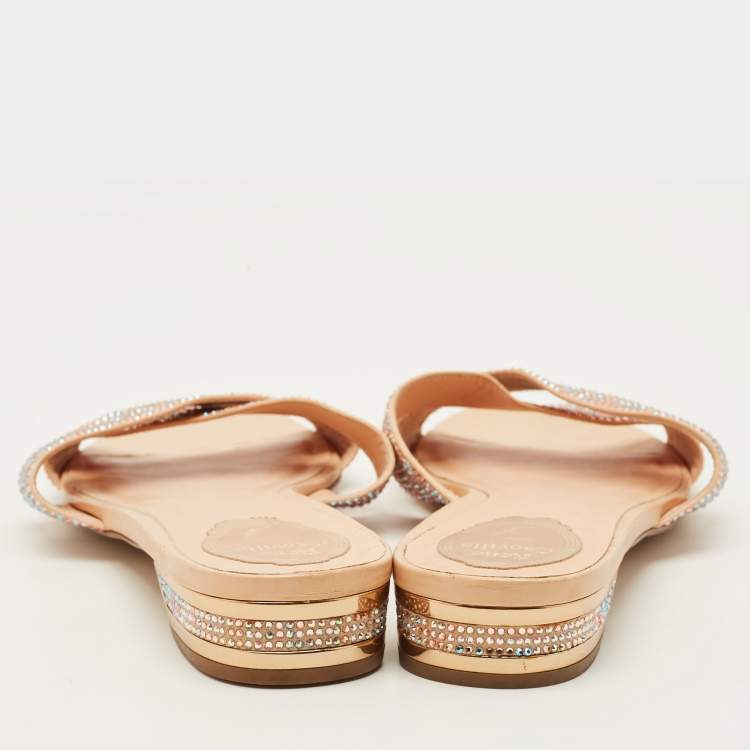 Pre Owned René Caovilla Size 41 Beige Satin Crystal Embellished Flat Sandals