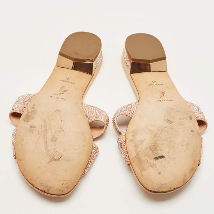 Pre Owned René Caovilla Size 41 Beige Satin Crystal Embellished Flat Sandals