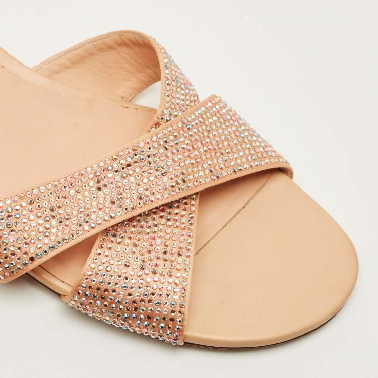 Pre Owned René Caovilla Size 41 Beige Satin Crystal Embellished Flat Sandals