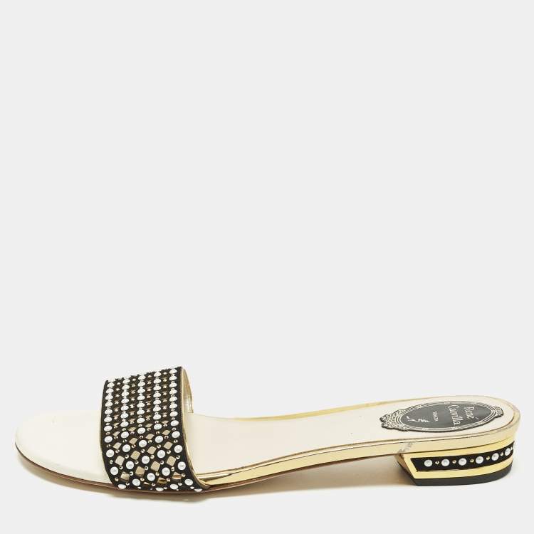 مملوكة مسبقًا René Caovilla Size 41 Black/Gold Leather and Suede Crystal Embellished Flat Slides