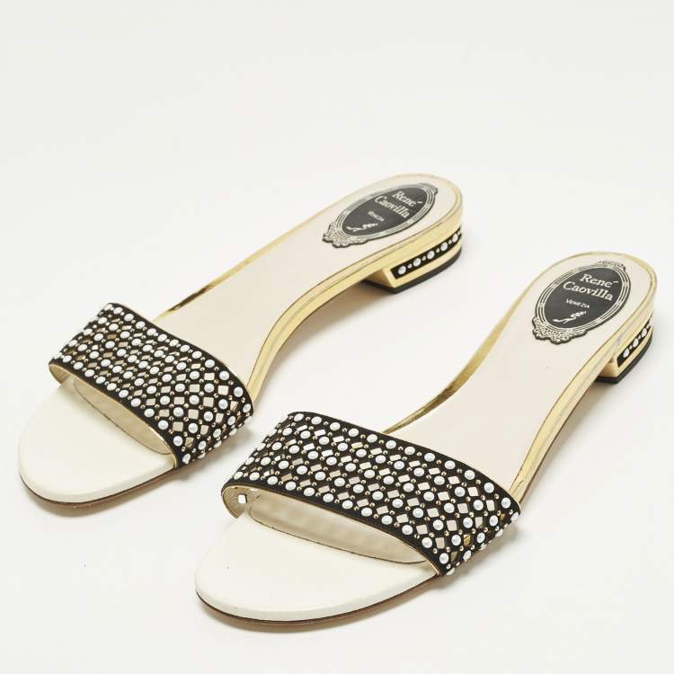 مملوكة مسبقًا René Caovilla Size 41 Black/Gold Leather and Suede Crystal Embellished Flat Slides