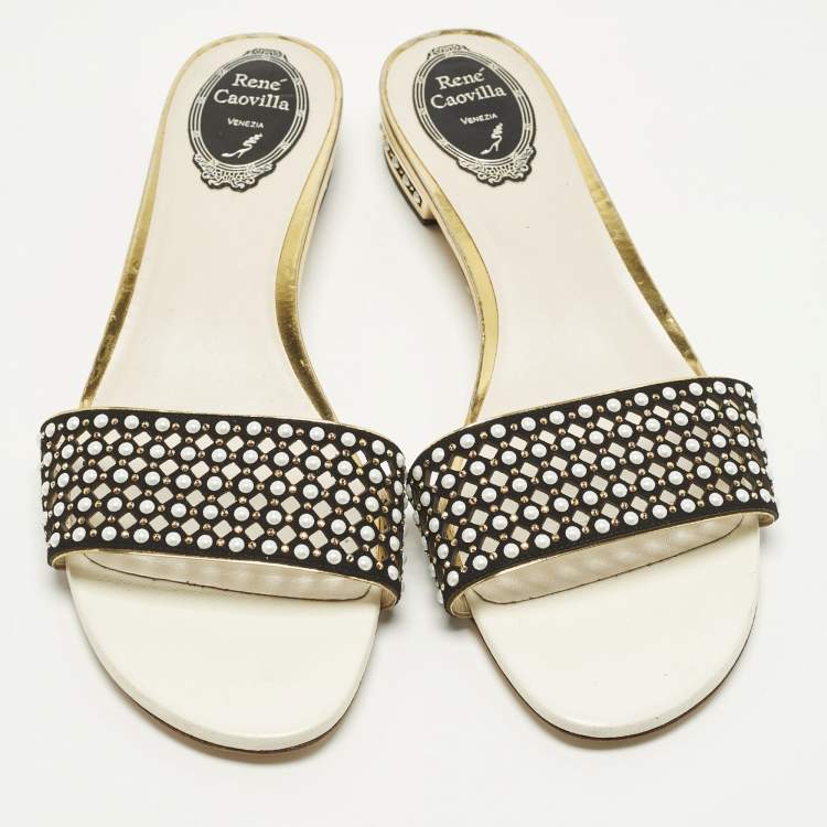مملوكة مسبقًا René Caovilla Size 41 Black/Gold Leather and Suede Crystal Embellished Flat Slides