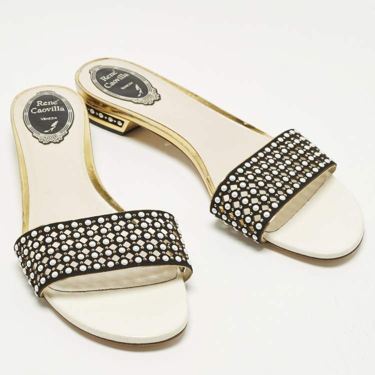 مملوكة مسبقًا René Caovilla Size 41 Black/Gold Leather and Suede Crystal Embellished Flat Slides