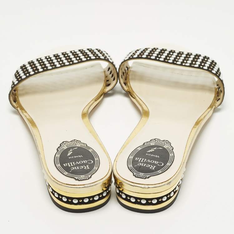 مملوكة مسبقًا René Caovilla Size 41 Black/Gold Leather and Suede Crystal Embellished Flat Slides