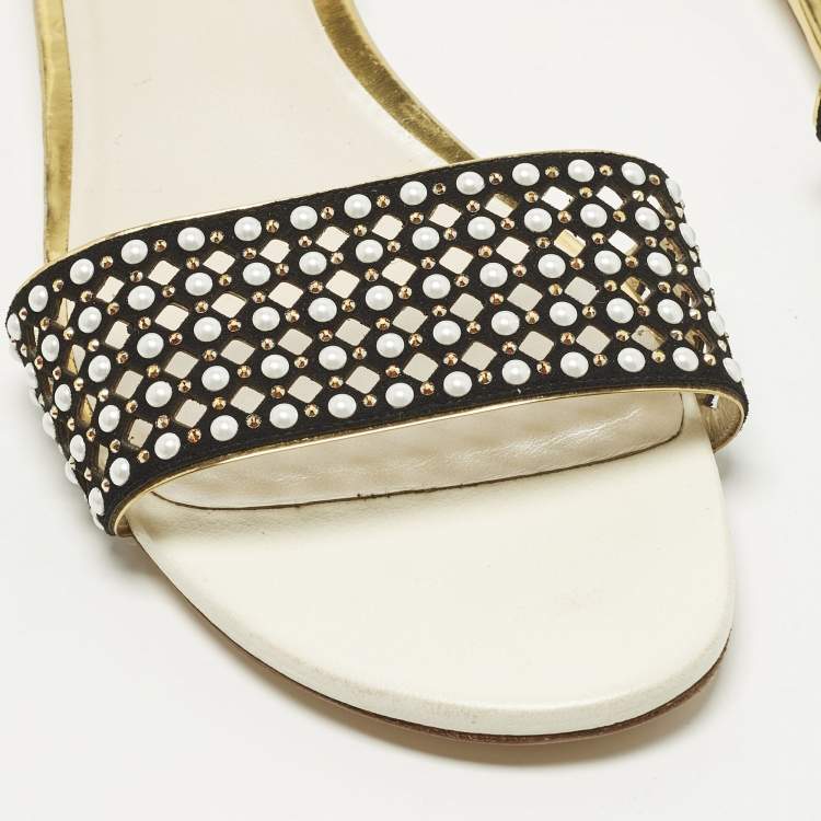 مملوكة مسبقًا René Caovilla Size 41 Black/Gold Leather and Suede Crystal Embellished Flat Slides
