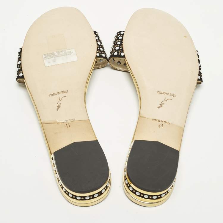 مملوكة مسبقًا René Caovilla Size 41 Black/Gold Leather and Suede Crystal Embellished Flat Slides