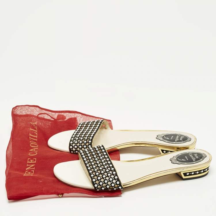 مملوكة مسبقًا René Caovilla Size 41 Black/Gold Leather and Suede Crystal Embellished Flat Slides